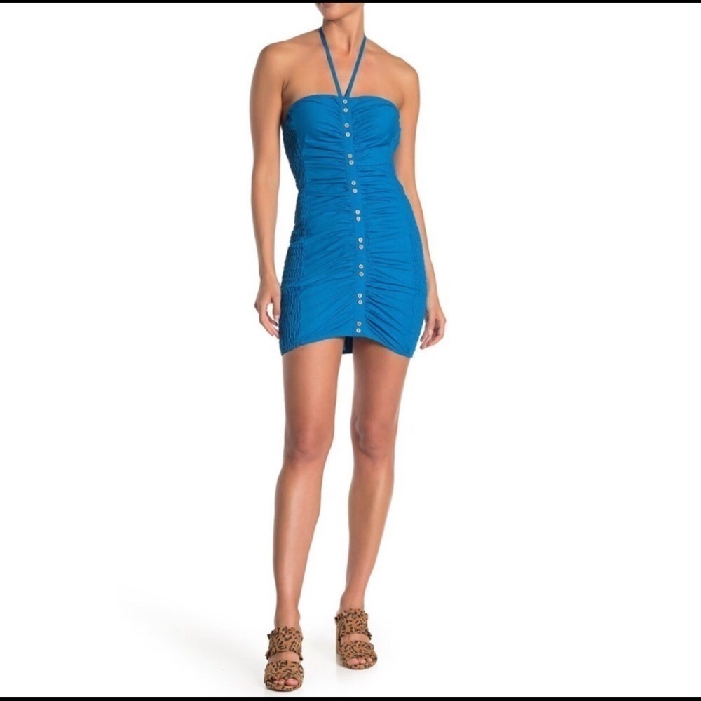 Free People Hold On Ruched Mini Dress Blue S NWT